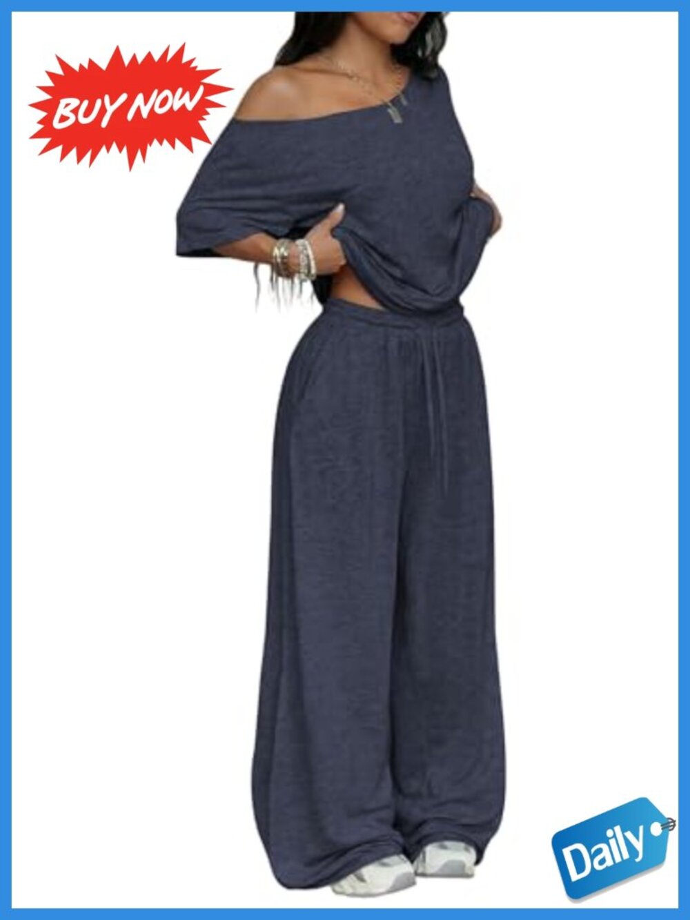 Women's 2 Piece Off Shoulder Lounge Set Short Sleeve Top Wide Leg Pants